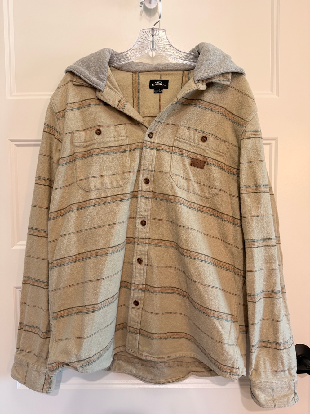 O’Neill Men’s Large Hooded Flannel Shirt Jacket Tan Stripe
